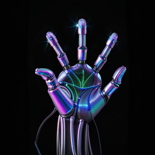 A hyper-realistic, iridescent robotic hand delicately manipulating a complex, branching neural network.